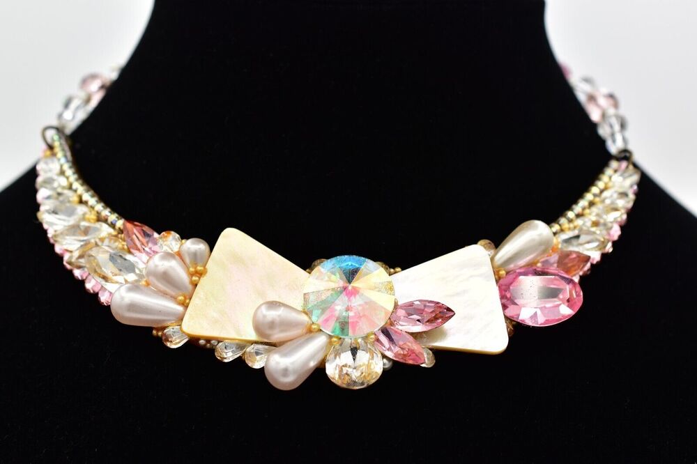 Wendy Gell Vintage Collar Choker Necklace Pink AB Crystal Pearl Signed 80s BinN
